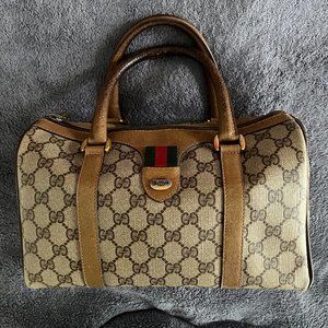 Gucci GG Plus Supreme Monogram Vintage Boston Ophidia Web Stripe Canvas Leather